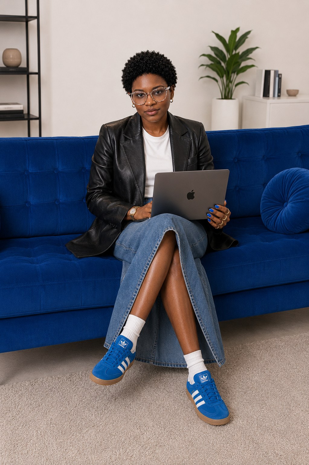 K.D., founder of Glamtechy, seated with a laptop in the Glamtechy studio.